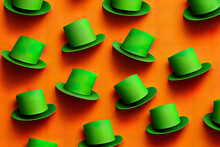Pattern Of Of Green St.Patrick Hats On Orange Background, Realistic. Generative Ai