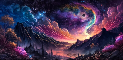 Canvas Print - Fantasy landscape with mountains, forest and nebula in starry sky. Digital painting.