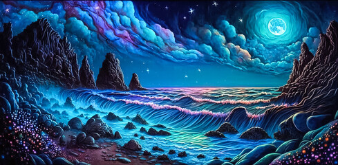 Wall Mural - Fantasy landscape with rocks and sea at night.