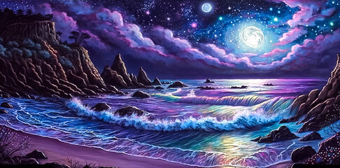 Canvas Print - Beautiful night seascape with waves and clouds, starry sky and full moon. Fantasy illustration.