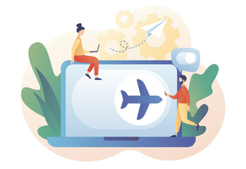 Wall Mural - Flight mode button on laptop. Airplane mode concept. Info notification in air plane. Modern flat cartoon style. Vector illustration on white background
