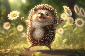 Wall Mural - Dancing Daisy: An Anthropomorphic Hedgehog Lively Jigging in the Sunshine Generative AI