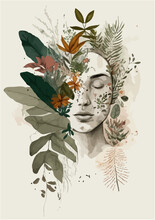 Illustration Of Girl With Flower  And Leaves On Her Head. T-shirt Print. Vector Isolated