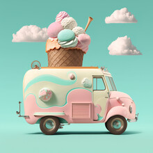 Surreal Dreamy Pop Collage Travel Theme, Vibrant Pastel Colors, A Vintage Retro Car, Generative Ai Illustration