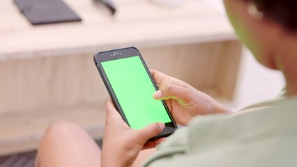 Sticker - Green screen, chromakey and blank phone for searching the internet, browsing online and scrolling through social media while relaxing at home. One person reading, sending and typing text messages