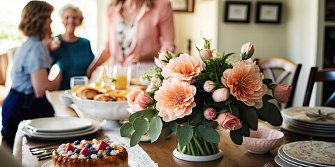 Brunch table with flowers - Generative AI