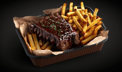 Wall Mural -  a steak and french fries in a takeout container on a black background.  generative ai