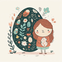 Wall Mural - Illustration of a cute girl with colored Easter eggs created with Generative AI technology