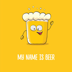 Wall Mural - vector cartoon funky beer glass character with sunglasses isolated on orange background.vector beer comic label or poster design template. My name is beer or happy friday print illustration