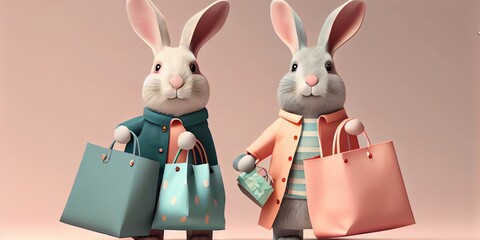 Wall Mural - 3d rendered Illustration of Cute little Easter rabbits in fashion pastel clothes having. posing together and go shopping. Half man half rabbit with shopping bags. Copy Space. Generative AI