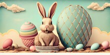 3d Rendered Illustration Of Vintage Style Easter Bunny Greeting Card Design. Funny Retro Scrapbook Background. Digital Illustration. Generative AI