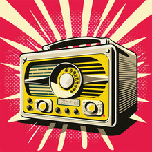 Retro pop art styled radio on starburst background