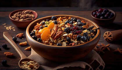 Poster - smoothie, granola, seeds, fresh fruits in a wooden bowl with cactus spoon. Plate filled with berries on white wooden background. Generative Ai