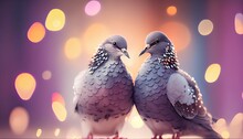 Cute Couple Of Loving And Colorful Pigeons Mating. Wood Pigeons, Pair Of Birds Mating Ritual In Hearts Shape Blur Background. Generative Ai