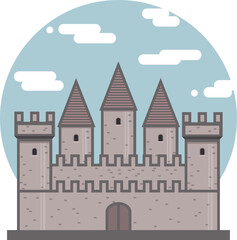 Wall Mural - Medieval ancient castle flat icon. Fortress on sky circle background. Medieval architecture. Vector illustration of knight castle with walls and towers isolated on white background