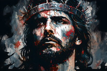 Abstract Portrait Of Jesus Christ Wearing A Crown Of Thorns. Easter Illustration. Modern Impressionism, Impasto Artwork. 
Generative AI.
