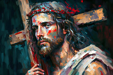 Abstract Portrait Of Jesus Christ Wearing A Crown Of Thorns And Carrying The Cross. Easter Illustration. Modern Impressionism, Impasto Artwork. 
Generative AI.
