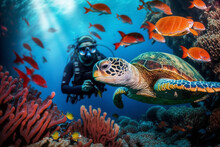 Scuba Diving. Diver Swimming Underwater With Colorful Fish And Turtle In Coral Reef. Generative AI