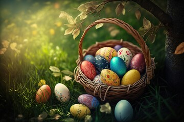 Wall Mural - Easter - Painted Eggs In Basket On Grass In Sunny Orchard stock photo Easter, Backgrounds, Easter Egg, Springtime, Egg - Food