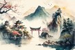 Lake and mountain landscape in Chinese style.Beautiful print for your decor and design. Generative ai