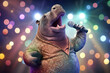 Funny happy hippo singing in the karaoke party on a stage. Generative AI