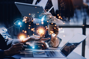 Digital transformation change management, internet of things. new technology bigdata and business process strategy, customer service management, cloud computing, smart industry. Ai technology.