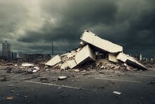A Pile Of Building Debris And Concrete Shards Against A Gloomy Sky. Background. Generative AI