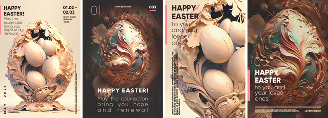 Happy easter. Set of vector illustrations. Typography poster design and vectorized 3D illustrations on the background.