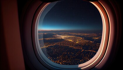 Wall Mural - City view from a window plane on a flight to travel with navy blue sky and clouds background. Generative Ai