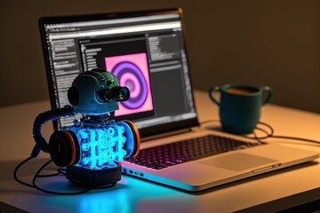 Fototapete - Robot connection with laptop.Futuristic, modern illustration. Innovative technologies. Generative ai
