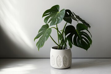 Canvas Print - Rhaphidophora Tetrasperma or Mini Monstera, contemporary houseplants in ceramic containers, white wall for copy space, minimally inventive home design concept. Generative AI