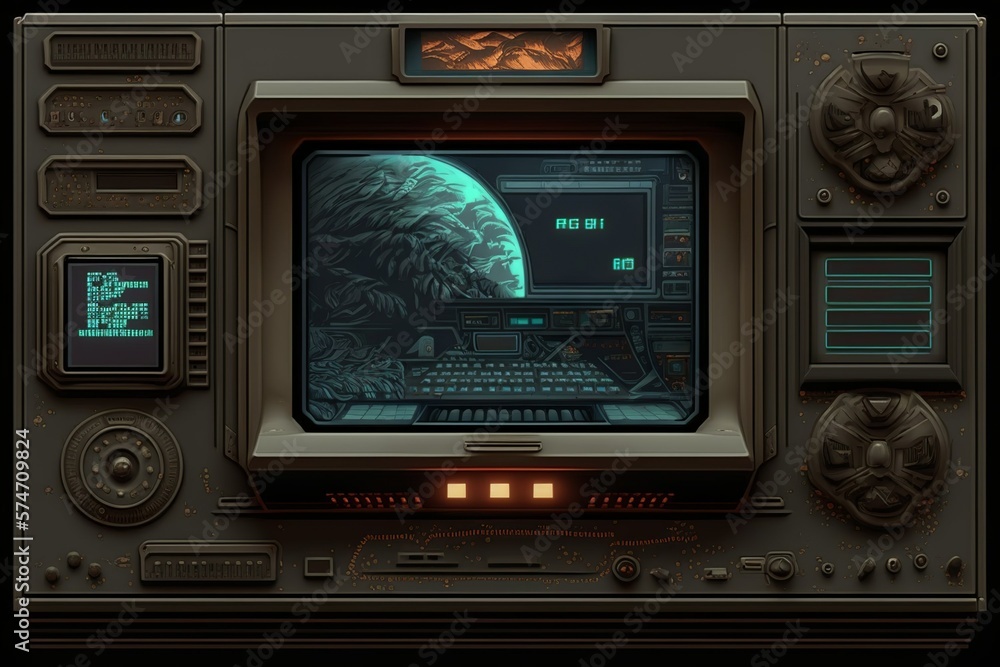 Dark sci-fi led display television futuristic monitor screen device with buttons and card slots in a mechanical frame with iron texture generative ai