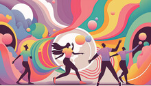Group Of People Dancing, Happy Concept, Abstract Background, Pastel Color, Psycho Waves Concept, Flat Vector Illustration 