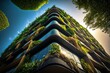 Eco friendly green building from below perspective. Generative AI illustration