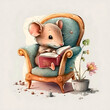 Small, cute and endearing little mouse sitting in a cozy armchair, reading an adventure book. Image for scrapbooks, invitation cards and decorating. Generative AI.