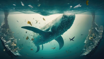 Wall Mural - Plastic pollution in ocean affecting sea life