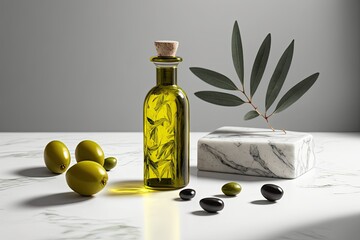 Sticker - Olive oil bottle and olives styled for food photography on a marble table. Generative AI