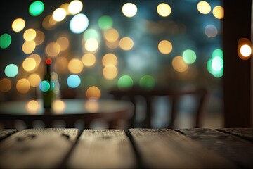 Sticker - Bokeh of lights on an empty wooden tabletop against a blurred restaurant backdrop. Generative AI