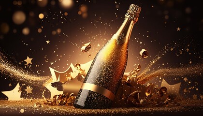 a champagne bottle with glitter glow gold dust and confetti, idea for celebration background, genera