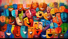 Paint Like Illustration Of Many Happy Face Smile Together, Idea For Artistic Background Wallpaper, Generative Ai