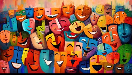 paint like illustration of many happy face smile together, idea for artistic background wallpaper, g