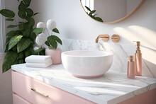 Realistic, Modern Round White Ceramic Wash Basin With Shiny Rose Gold Faucet On Gorgeous Marble Countertop, Pink Cabinet. Sunrise, Space, Goods, Mockup, Perspective. Generative AI