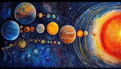 paint like illustration of abstract solar system planets, idea for artistic background wallpaper, ge