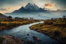 River Landscapes Colorful Landscape With High Himalayan Mountains, Beautiful Curving River, Green Forest, Blue Sky With Clouds Generative AI