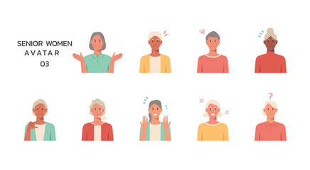 Wall Mural - People portraits of older women with negative emotion isolated set, senior female faces avatars, vector flat illustration