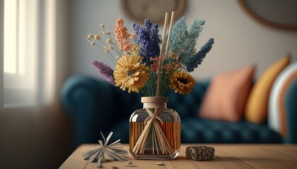 close up reed diffuser air freshener with dry flower, generative ai