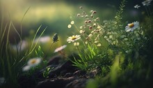 Soft Focused Illustration Of Natural Wild Flower Field, Idea For Spring Background Wallpaper, Generative Ai