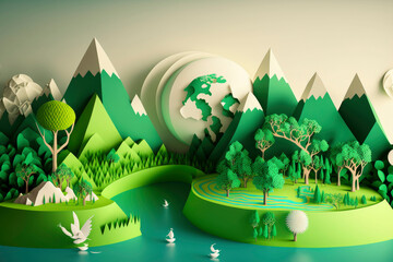 Paper art style , Paper cut of nature island design , Ecology green nature, made with Generative AI