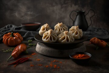 Momos in a dish with sauce on black backgriund  Vector Art 3d illustration created by generative AI
