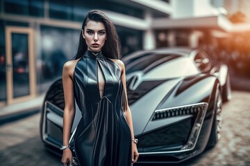 Wall Mural - Incredibly rich and attractive girl in a black dress posing in front of a luxury sports car